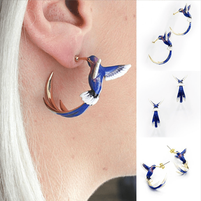 Hummingbird Earrings, Cute Bird Earrings, Semicircle Bird Earrings